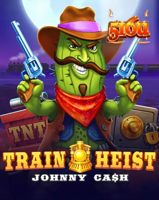 Cena do jogo Train Heist Johnny Cash com o cowboy cacto e elementos de assalto a trem